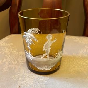 Mary Gregory Victorian hand painted, hand blown amber bohemian glass, gold rim